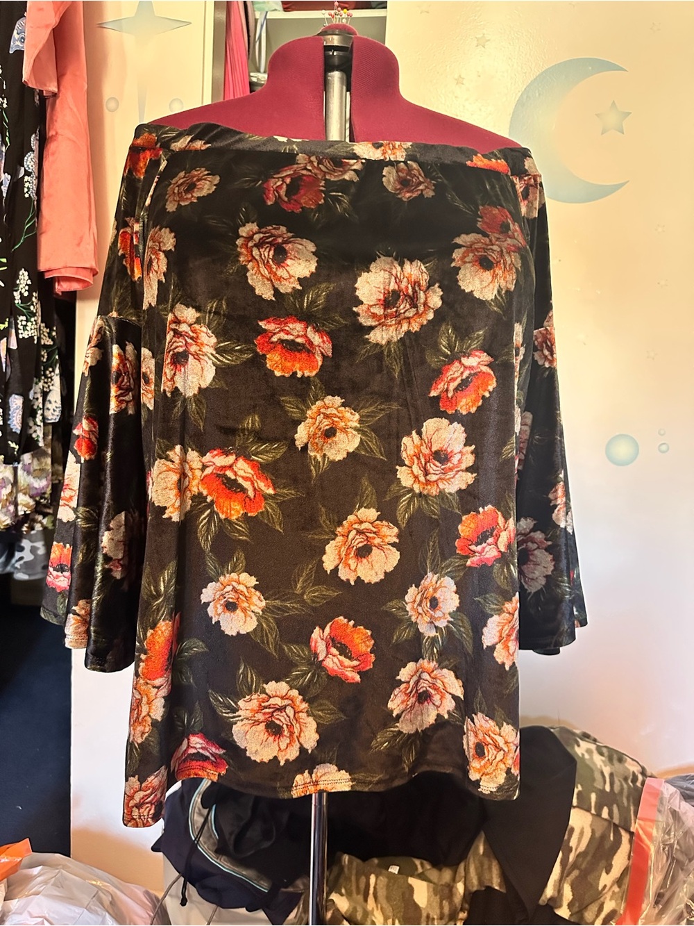 torrid Black Velvet Floral Off-Shoulder Top with Red & Cream Blooms 3X